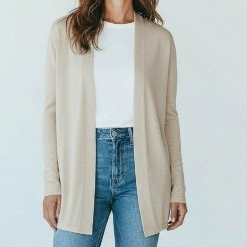 NWT Eileen Fisher Cardigan Women L Bone Viscose Jersey Slinky Open Front Office